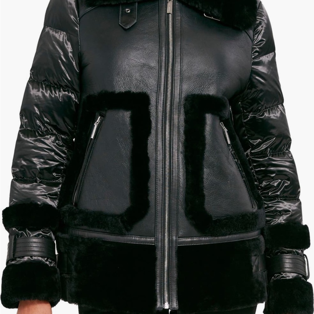 Dawn Levy Genuine Shearling and Down Mixed Media Black Coat NWT size XS